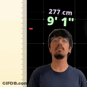A Man With Glasses Is Standing In Front Of A Ruler That Says 277 Cm 9 1 " GIF