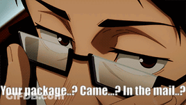A Man With Glasses Is Talking On A Cell Phone With The Words " Your Package Came In The Mail " Below Him GIF