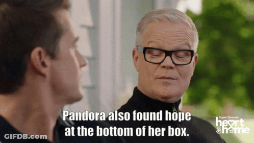 A Man With Glasses Is Talking To Another Man With The Words " Pandora Also Found Hope At The Bottom Of Her Box " GIF