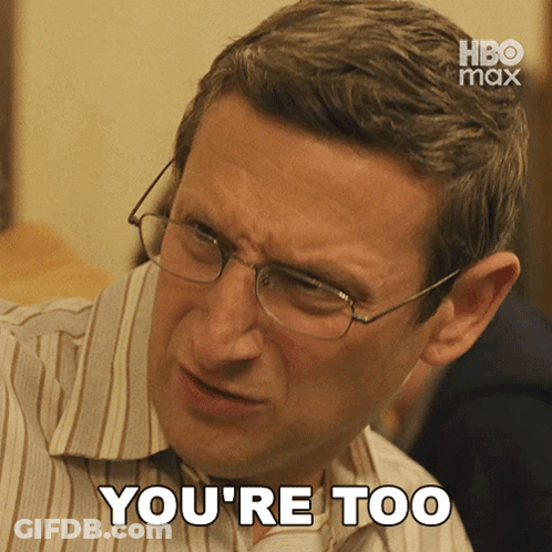 A Man With Glasses Says " You 'Re Too " While Wearing A Striped Shirt GIF