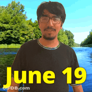 A Man With Glasses Stands In Front Of A River With The Date June 19 GIF