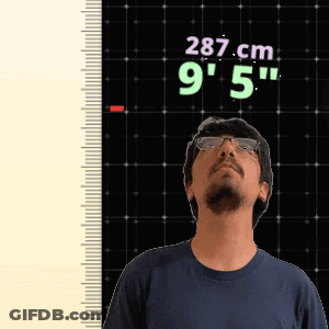 A Man With Glasses Stands In Front Of A Ruler That Says 287 Cm 9 ' 5 ' GIF