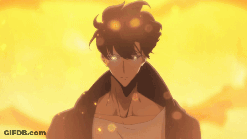 A Man With Glowing Eyes Is Standing In Front Of A Fire GIF