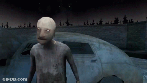 A Man With Glowing Eyes Stands In Front Of A Brick Wall And A Car GIF