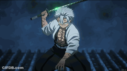A Man With Gray Hair Is Holding A Green Sword In His Hand GIF