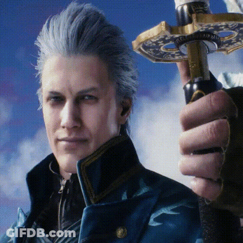 A Man With Gray Hair Is Holding A Sword In His Right Hand GIF