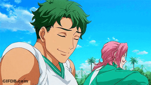 A Man With Green Hair And A Pink Haired Girl Are Standing Next To Each Other In A Field . GIF