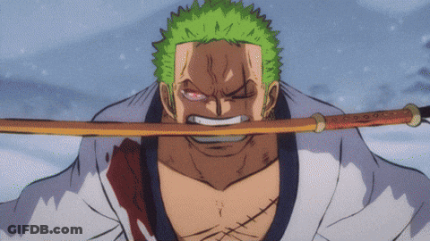 A Man With Green Hair And A Sword In His Mouth GIF