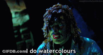 A Man With Green Hair And Red Lips Says " I Do Watercolours " GIF
