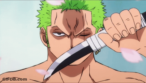 A Man With Green Hair Is Holding A Large Knife In His Hand GIF