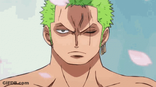A Man With Green Hair Is Holding A Purple Sword In His Hand . GIF