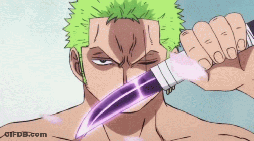 A Man With Green Hair Is Holding A Purple Sword In His Hand GIF