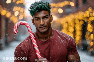 A Man With Green Hair Is Holding A Red And White Striped Candy Cane GIF