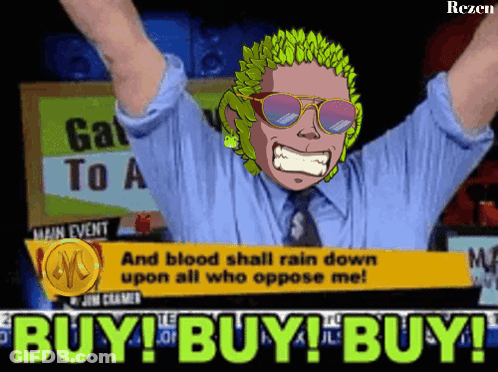 A Man With Green Hair Is Holding His Arms In The Air With The Words Buy Buy Buy GIF