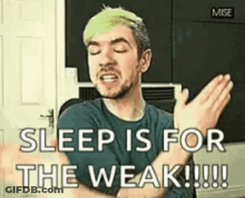 A Man With Green Hair Is Making A Funny Face And Says `` Sleep Is For The Weak !!! '' GIF