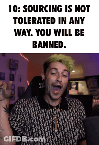 A Man With Green Hair Is Making A Funny Face In Front Of A Sign That Says 10 Sourcing Is Not Tolerated In Any Way GIF