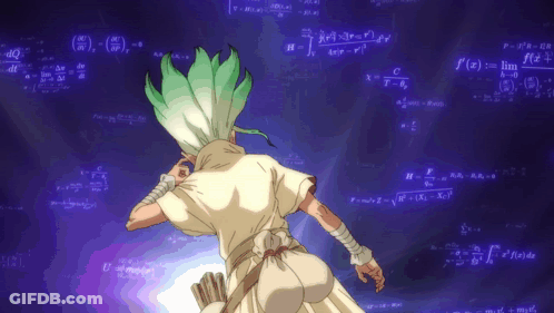 A Man With Green Hair Is Standing In Front Of A Wall Of Equations GIF