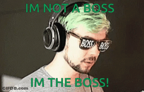 A Man With Green Hair Wearing Headphones And Sunglasses With The Words Im Not A Boss Im The Boss GIF