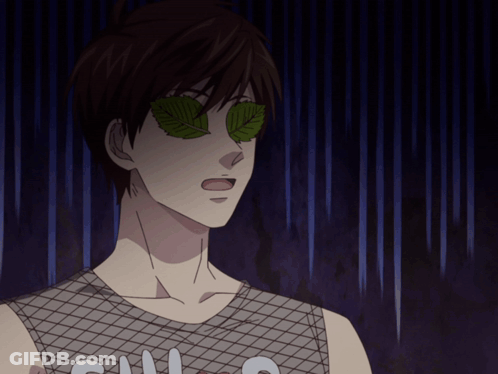 A Man With Green Leaves On His Eyes Is Wearing A Shirt That Says ' Chill ' On It GIF
