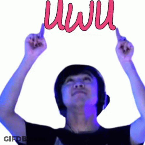 A Man With Headphones Holds Up A Sign That Says " Uwu " GIF