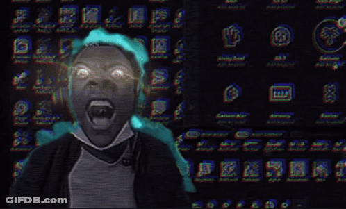 A Man With Headphones Is Screaming In Front Of A Computer Screen With A Lightning Bolt Behind Him GIF