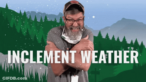 A Man With His Arms Crossed And The Words Inclement Weather Above Him GIF