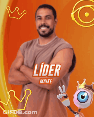 A Man With His Arms Crossed Is Wearing A Shirt That Says Lider Maike On It GIF