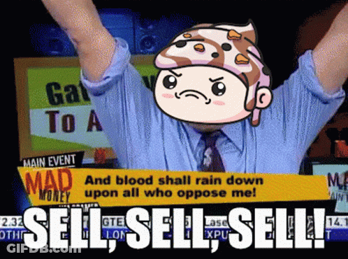A Man With His Arms In The Air Is Holding A Sign That Says Sell GIF