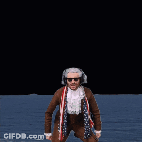 A Man With His Arms In The Air Stands In Front Of A Sign That Says Water GIF