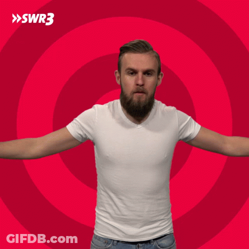 A Man With His Arms Outstretched Against A Red Background With Swr3 Written On It GIF