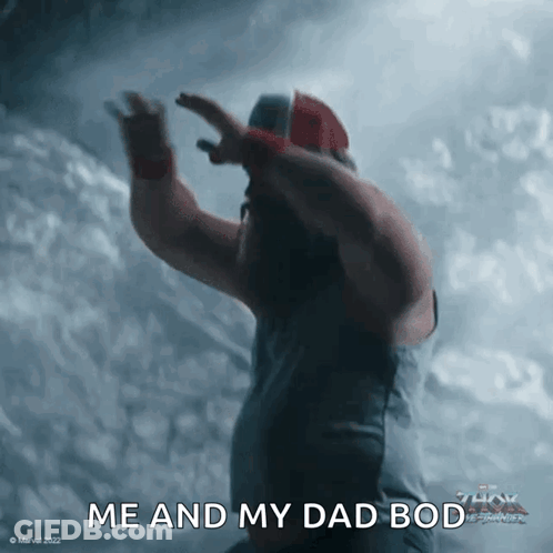 A Man With His Arms Outstretched And The Words Me And My Dad Bod Below Him GIF