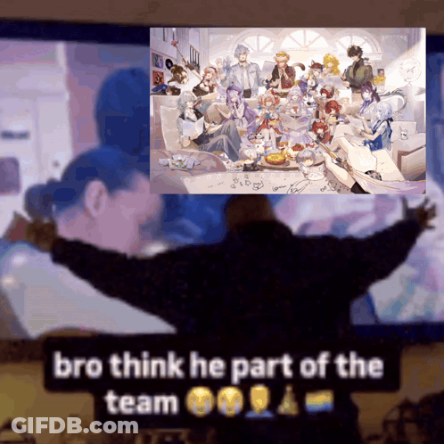 A Man With His Arms Outstretched In Front Of A Painting That Says Bro Think He Part Of The Team On It GIF