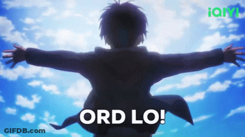 A Man With His Arms Outstretched Is Standing In Front Of A Blue Sky With The Words Ord Lo . GIF