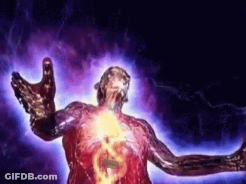A Man With His Arms Outstretched Is Surrounded By A Purple Lightning Storm . GIF