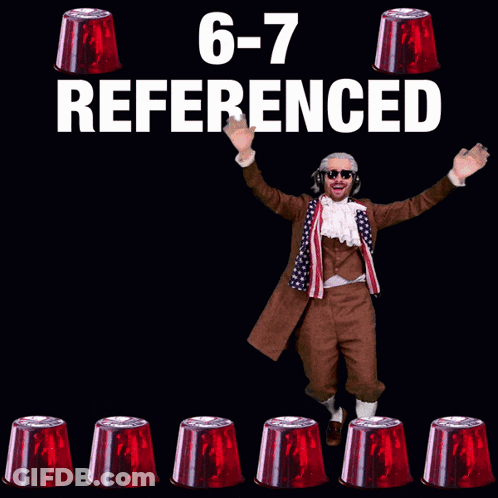 A Man With His Arms Outstretched Is Surrounded By Red Cones That Say ' 6-7 Referenced ' GIF