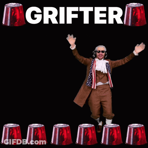 A Man With His Arms Outstretched Is Surrounded By Red Cones That Say Grifter GIF