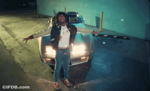 A Man With His Arms Outstretched Stands In Front Of A Car GIF