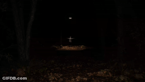 A Man With His Arms Outstretched Stands In The Dark GIF