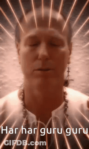 A Man With His Eyes Closed And The Words Har Har Guru Guru Written On The Bottom GIF