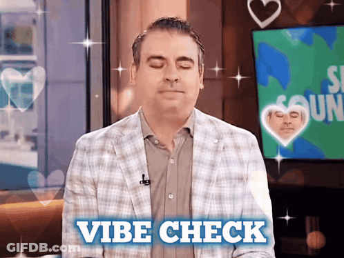 A Man With His Eyes Closed And The Words Vibe Check Behind Him GIF