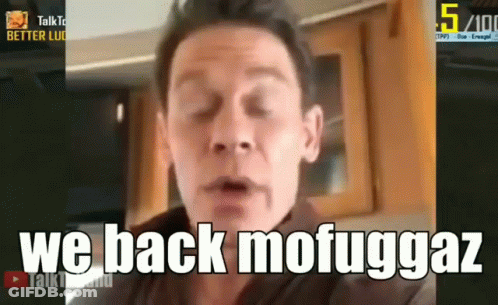 A Man With His Eyes Closed And The Words We Back Mofuggaz On His Face GIF