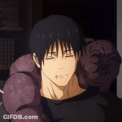 A Man With His Eyes Closed Has A Purple Monster Behind Him GIF
