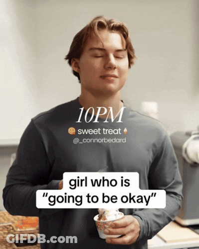 A Man With His Eyes Closed Holding A Cup Of Ice Cream With The Time Of 10Pm GIF