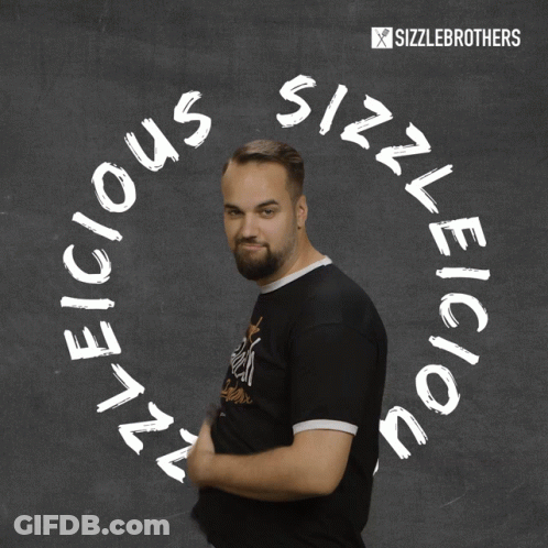 A Man With His Eyes Closed Is Surrounded By The Words " Sizzleicious " GIF