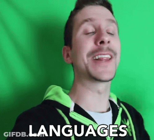 A Man With His Eyes Closed Is Wearing A Green Hoodie That Says Languages On It GIF