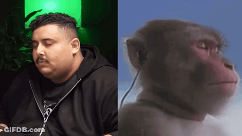 A Man With His Eyes Closed Next To A Monkey With Headphones On GIF