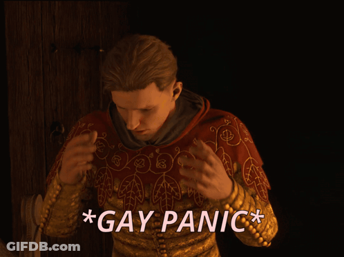 A Man With His Hands On His Head And The Word Gay Panic Above Him GIF