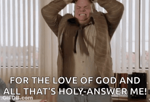 A Man With His Hands On His Head Is Saying For The Love Of God And All That 'S Holy Answer Me . GIF