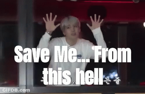 A Man With His Hands Up And The Words Save Me From This Hell Below Him GIF
