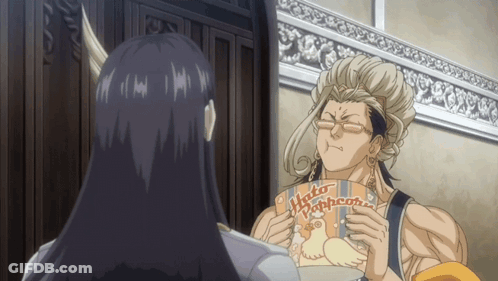 A Man With Horns Is Holding A Book That Says Moto Popcorn GIF